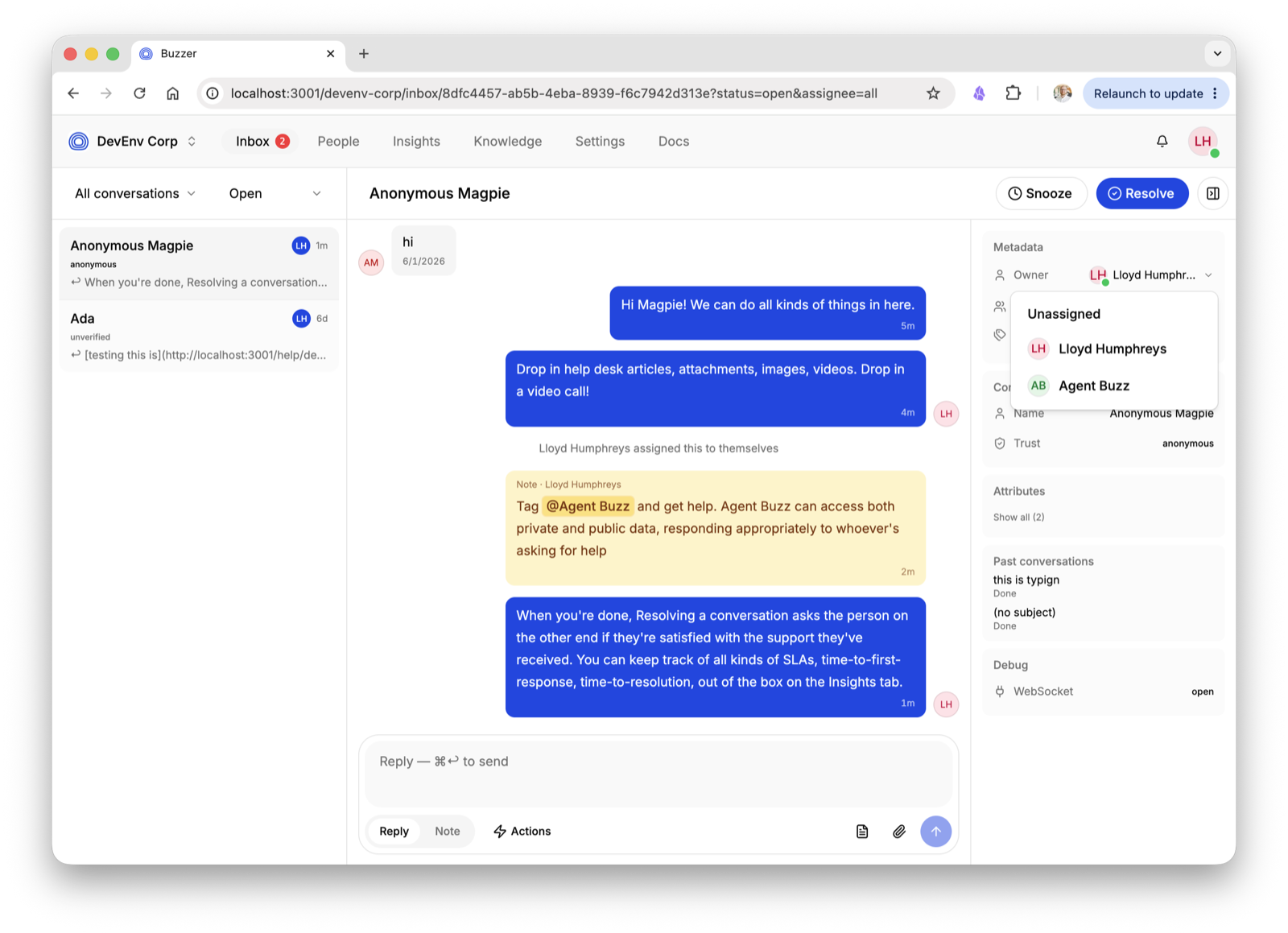 The Buzzer inbox — a conversation with Agent Buzz and the assignee menu open
